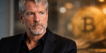 Michael Saylor en primer plano con fondo cálido desenfocado.