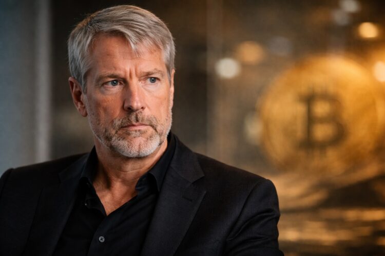 Michael Saylor en primer plano con fondo cálido desenfocado.