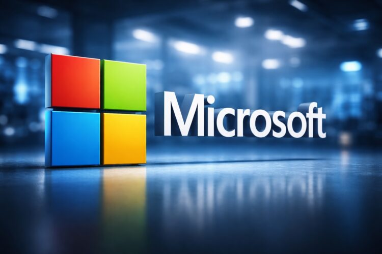 Logo de Microsoft en entorno tecnológico con fondo desenfocado.