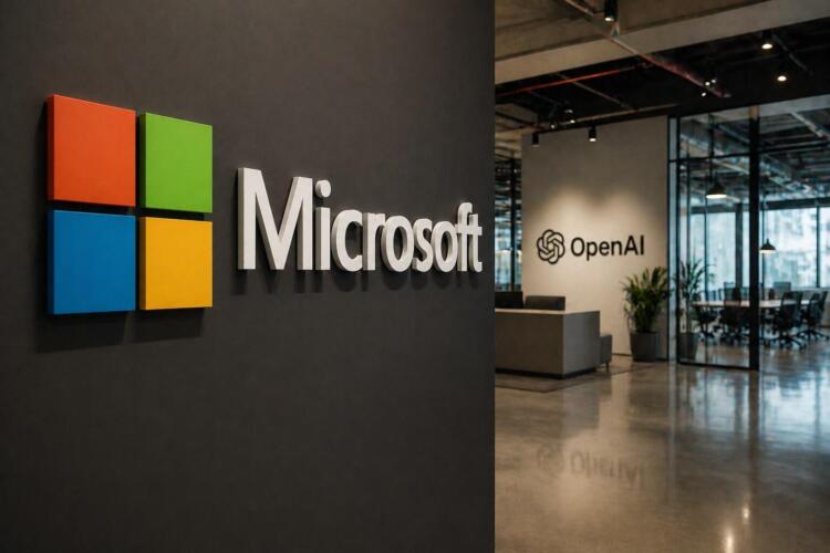 Logo de Microsoft en primer plano con oficinas de OpenAI detrás