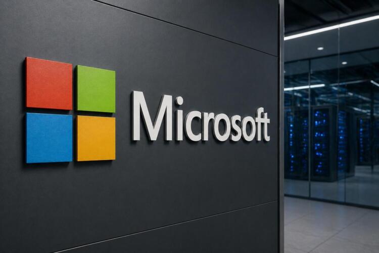 Logo de Microsoft en primer plano sobre entorno tecnológico corporativo limpio.