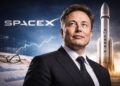Elon Musk con cohete de SpaceX en entorno corporativo.
