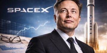 Elon Musk con cohete de SpaceX en entorno corporativo.