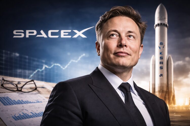 Elon Musk con cohete de SpaceX en entorno corporativo.