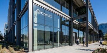 Fotografía arquitectónica de la entrada de la sede de OpenAI con un diseño moderno de vidrio y acero.