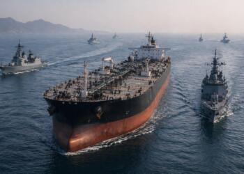 Petrolero escoltado por buques militares en el estrecho.