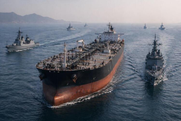 Petrolero escoltado por buques militares en el estrecho.