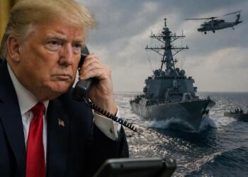 Trump en primer plano con operativo naval en Ormuz.