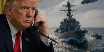 Trump en primer plano con operativo naval en Ormuz.
