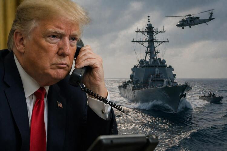 Trump en primer plano con operativo naval en Ormuz.