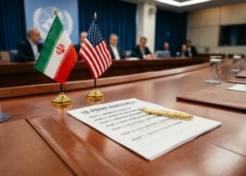 Un documento titulado "Acuerdo de 10 Puntos" con un bolígrafo de oro, junto a las banderas de Irán y EE.UU. en una mesa de madera pulida.