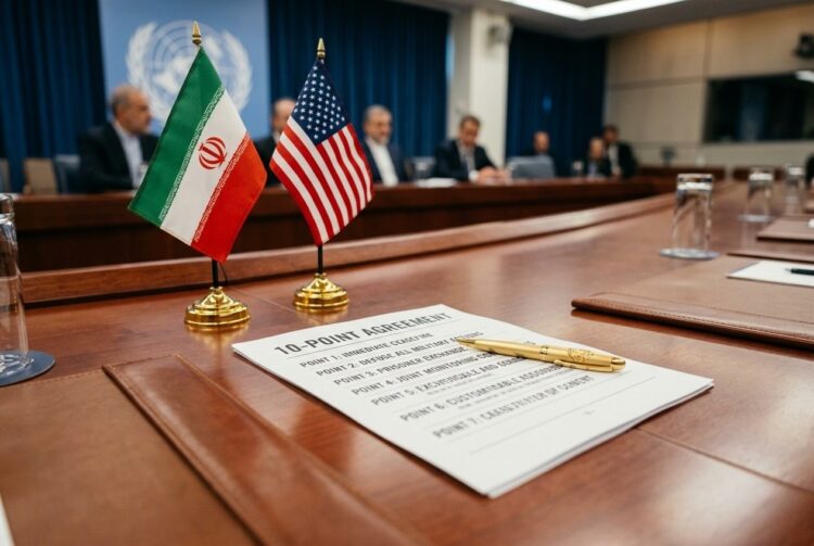 Un documento titulado "Acuerdo de 10 Puntos" con un bolígrafo de oro, junto a las banderas de Irán y EE.UU. en una mesa de madera pulida.