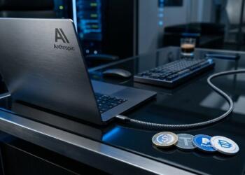 Portátil de metal de Anthropic con cuatro monedas de criptomonedas sobre un escritorio de cristal.