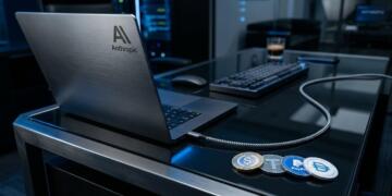Portátil de metal de Anthropic con cuatro monedas de criptomonedas sobre un escritorio de cristal.
