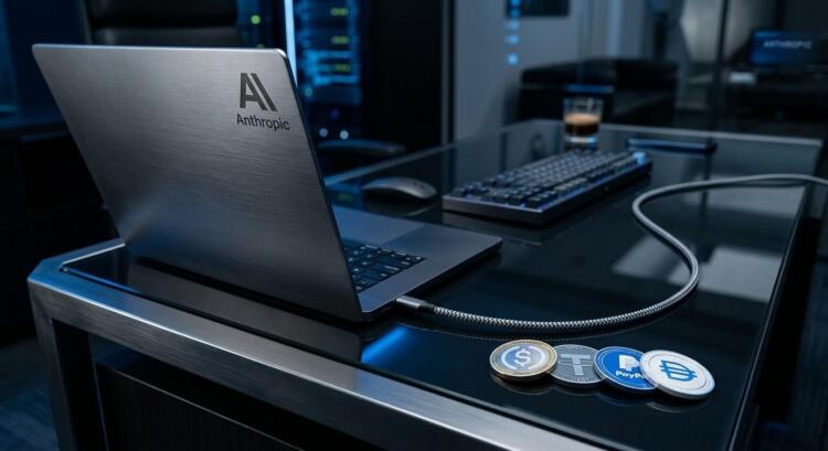Portátil de metal de Anthropic con cuatro monedas de criptomonedas sobre un escritorio de cristal.