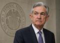 Jerome Powell con emblema de la Reserva Federal al fondo.