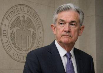 Jerome Powell con emblema de la Reserva Federal al fondo.
