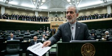 Un orador en el Majlis de Irán sostiene un documento que detalla tres violaciones del Pacto de Trump.