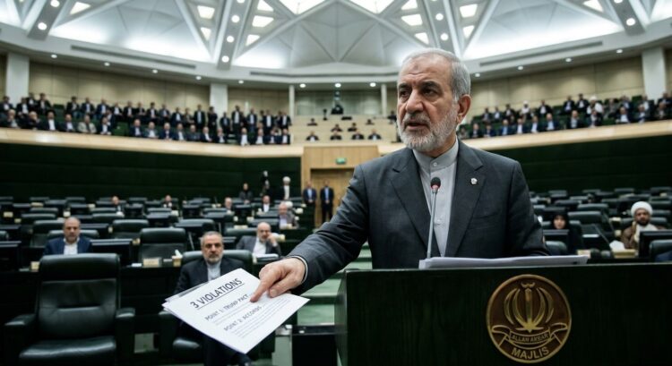 Un orador en el Majlis de Irán sostiene un documento que detalla tres violaciones del Pacto de Trump.