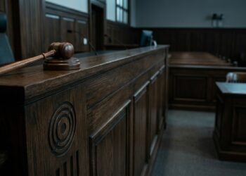 Mazo de madera sobre el banco del tribunal en primer plano con la sala vacía al fondo.