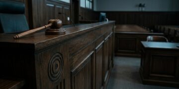 Mazo de madera sobre el banco del tribunal en primer plano con la sala vacía al fondo.