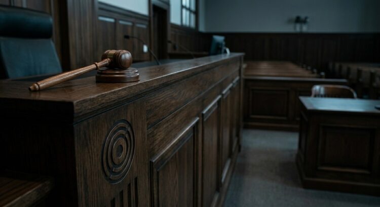 Mazo de madera sobre el banco del tribunal en primer plano con la sala vacía al fondo.