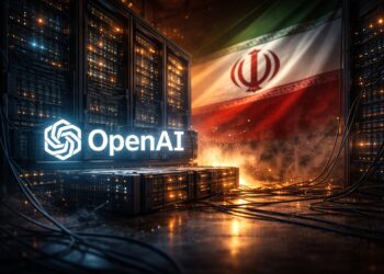 Centro de datos bajo tensión con referencia visual a Irán.