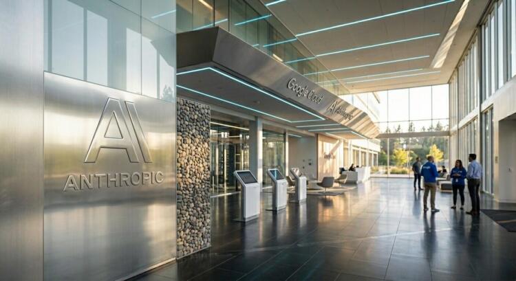 Vestíbulo de oficinas moderno con logos de Anthropic y Google Cloud y quioscos de autoservicio.