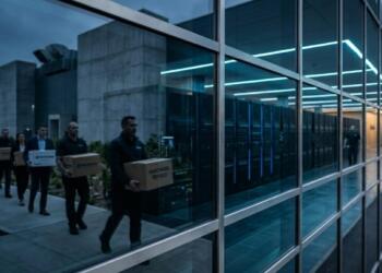 Reflejo de empleados despedidos con cajas frente a un centro de datos con luces azules.
