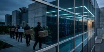 Reflejo de empleados despedidos con cajas frente a un centro de datos con luces azules.