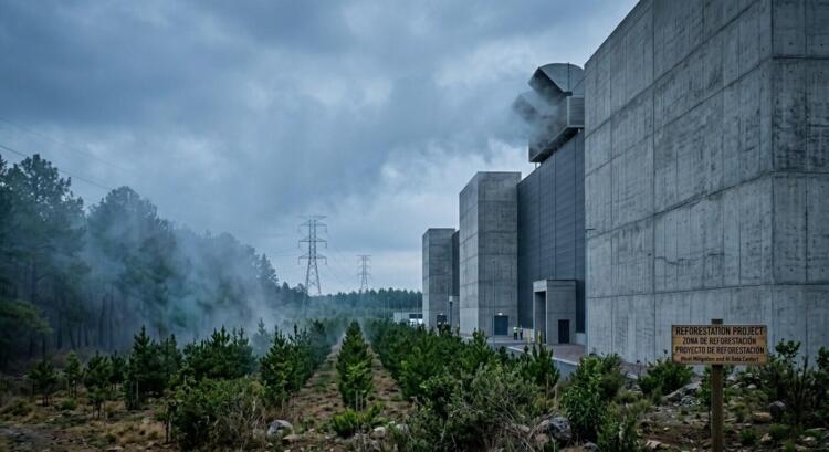 Plantación de pinos jóvenes frente a un moderno centro de datos con emisiones de carbono.