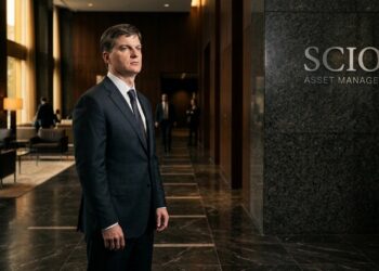 Michael Burry con traje en el vestíbulo de Scion Asset Management con luz matutina.