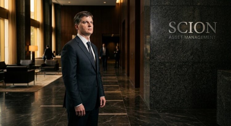 Michael Burry con traje en el vestíbulo de Scion Asset Management con luz matutina.