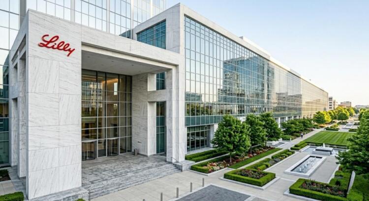Entrada principal del edificio de Eli Lilly en Indianápolis, con jardines y fuentes de agua.