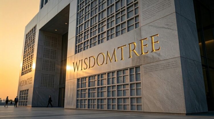 Entrada principal de WisdomTree en Nueva York, con el nombre grabado en grandes letras sobre una fachada de piedra.