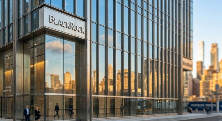 Edificio de BlackRock con su logo y gente caminando en la acera.