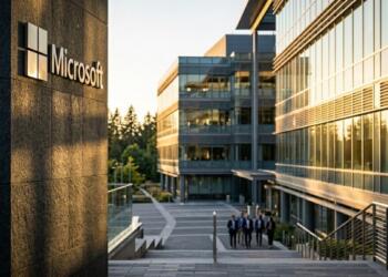 Cartel de Microsoft sobre pilar de piedra con edificios de oficinas y árboles al fondo.