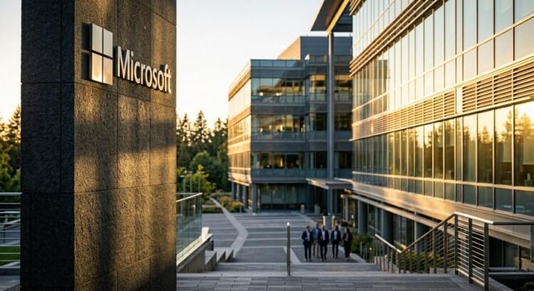 Cartel de Microsoft sobre pilar de piedra con edificios de oficinas y árboles al fondo.