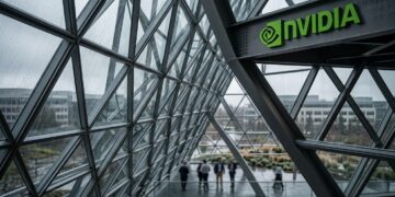 El logo de Nvidia sobre arquitectura de vidrio y acero con empleados.