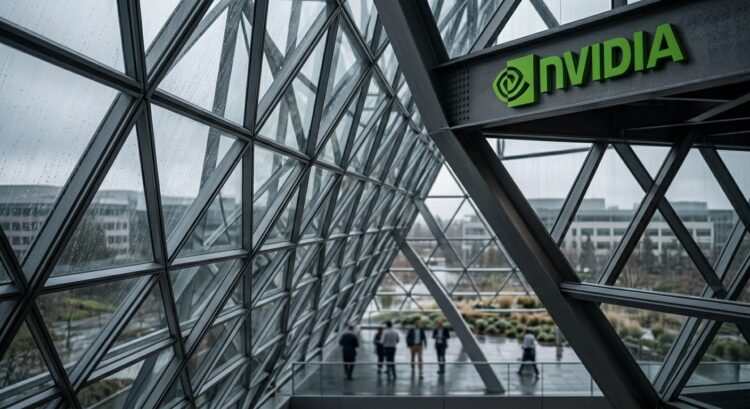 El logo de Nvidia sobre arquitectura de vidrio y acero con empleados.