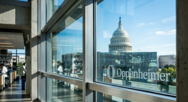 Interior de oficinas modernas de Oppenheimer con el Capitolio de EE.UU. visible por la ventana.