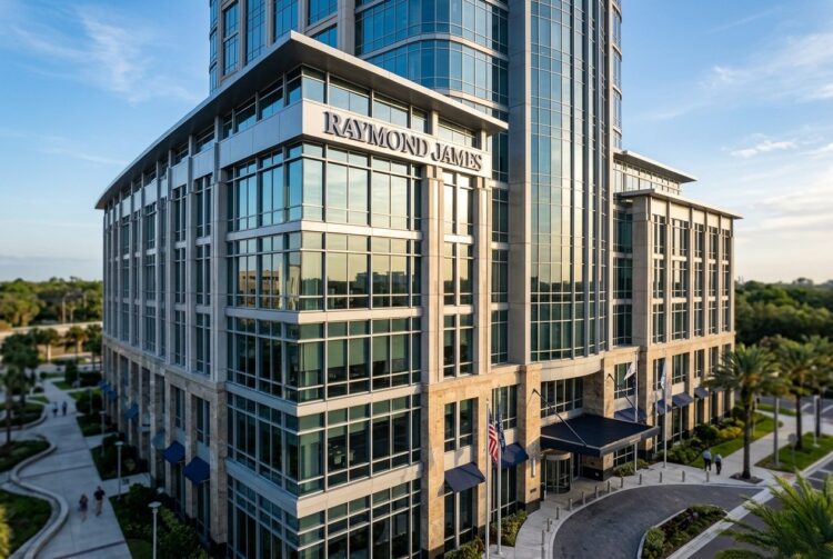 Edificio de Raymond James Financial con fachada de vidrio y piedra bajo la luz del sol matutino.