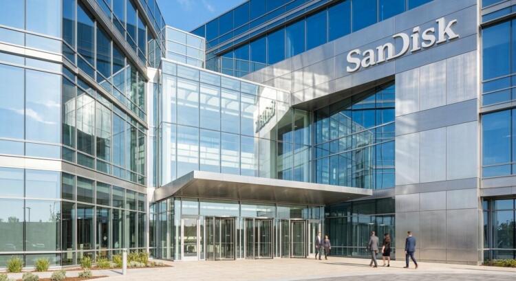 Exterior moderno de la sede de SanDisk en Milpitas, California, con fachada de vidrio
