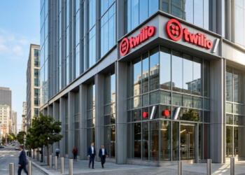 Fachada de vidrio del edificio de oficinas de Twilio con el logo rojo de la empresa.