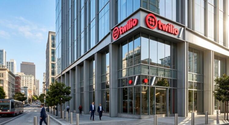 Fachada de vidrio del edificio de oficinas de Twilio con el logo rojo de la empresa.