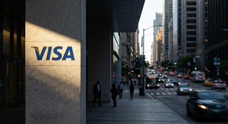 Letrero de Visa en un pilar de piedra iluminado por el sol frente a una calle concurrida de la ciudad.