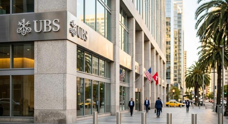Fachada de piedra del edificio de oficinas de UBS con el logo plateado del banco.