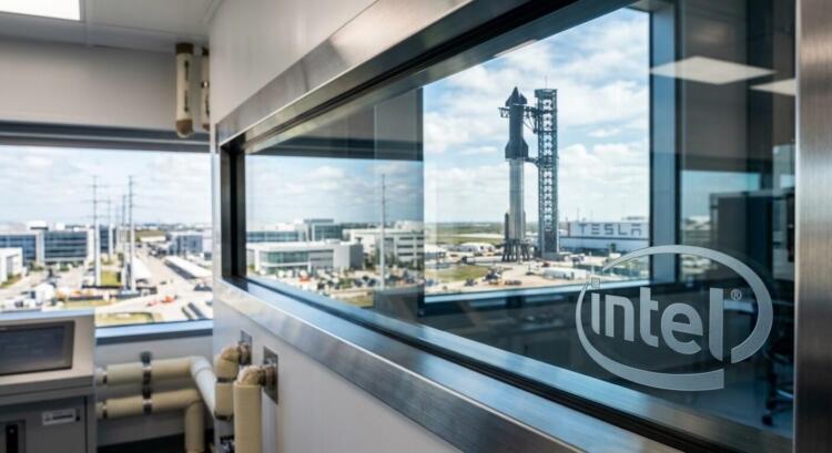 Ventana con logo grabado de Intel y vista exterior de un cohete Starship y un edificio de Tesla.