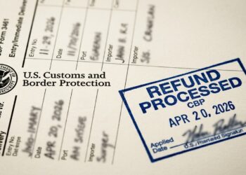 Formulario de CBP con sello azul de "REFUND PROCESSED" y logo de la agencia en primer plano.
