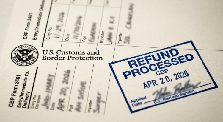 Formulario de CBP con sello azul de "REFUND PROCESSED" y logo de la agencia en primer plano.